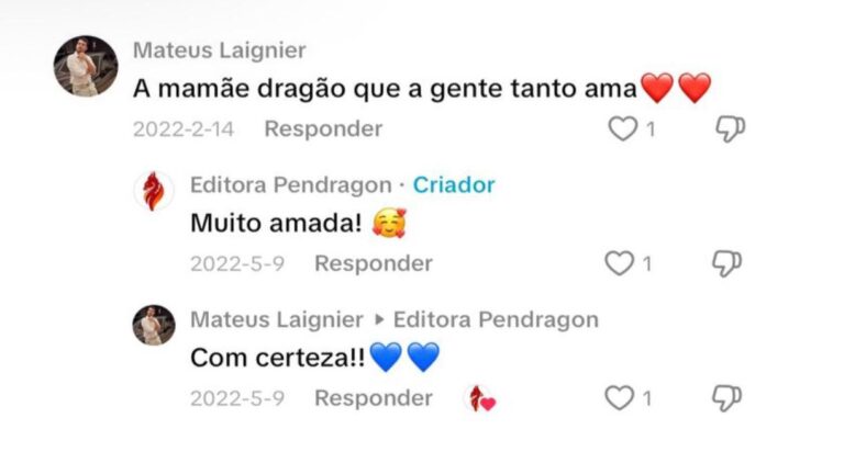 Capturas de tela de interações entre escritores e a Editora PenDragon/ Foto: TikTok @ editorapendragon