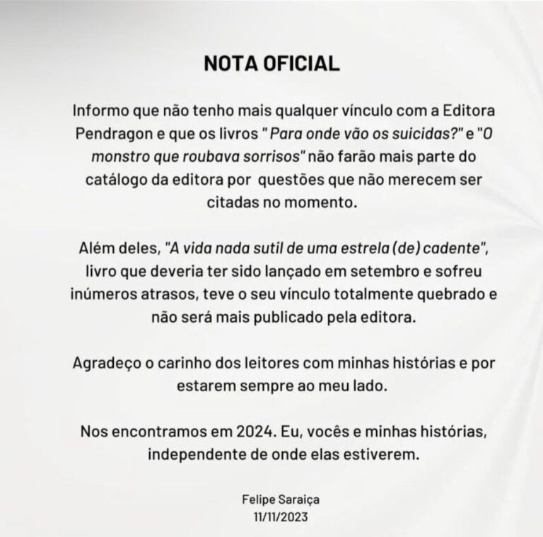 Nota oficial publicada por Felipe Saraiça, acompanhada da legenda de seu anúncio em novembro de 2023/ Foto: Instagram @ felipesaraica